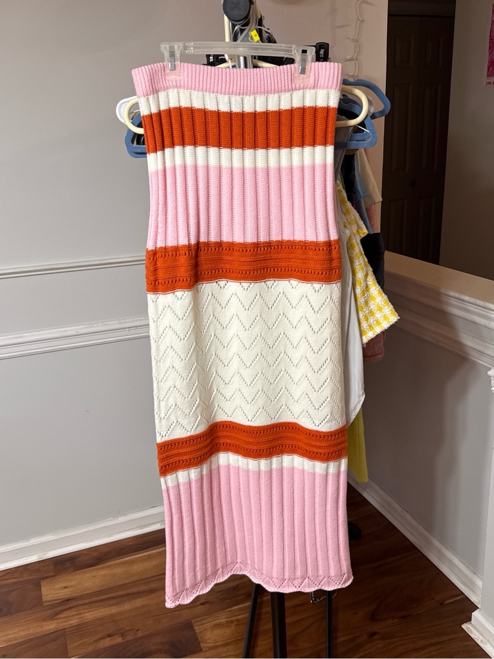 Pink White and Orange Knit Midi Dress